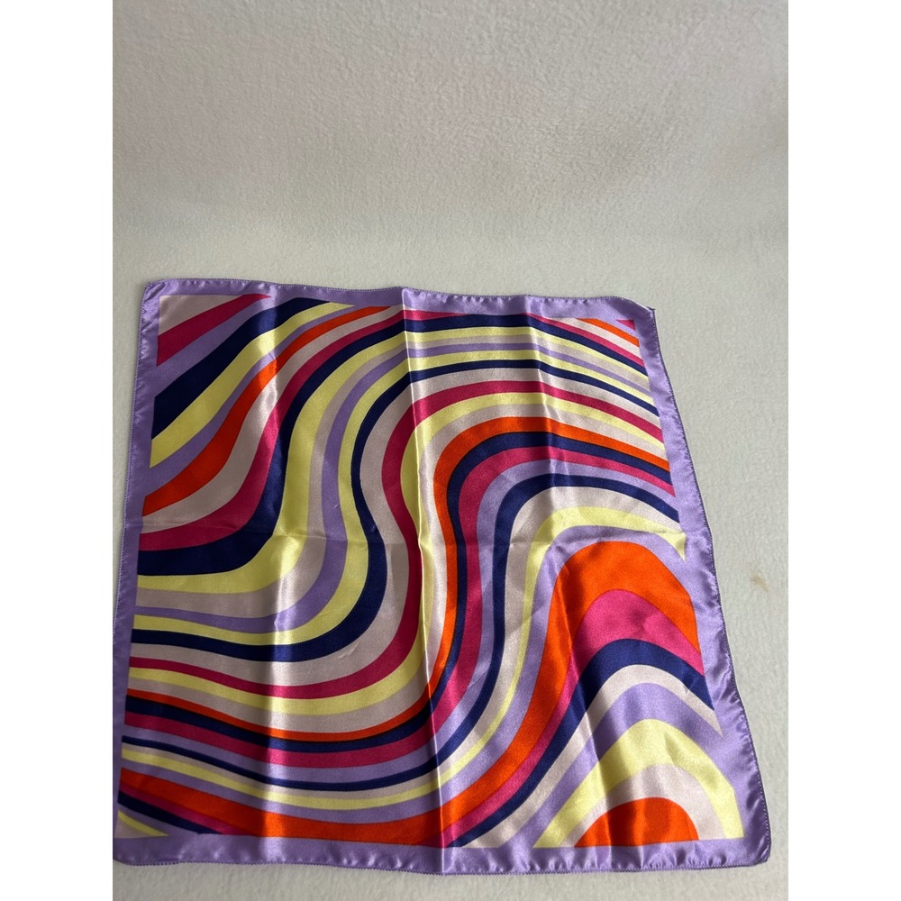 Retro Psychedelic Mod Women OS Purple Wavy Stripe Satin Square Scarf